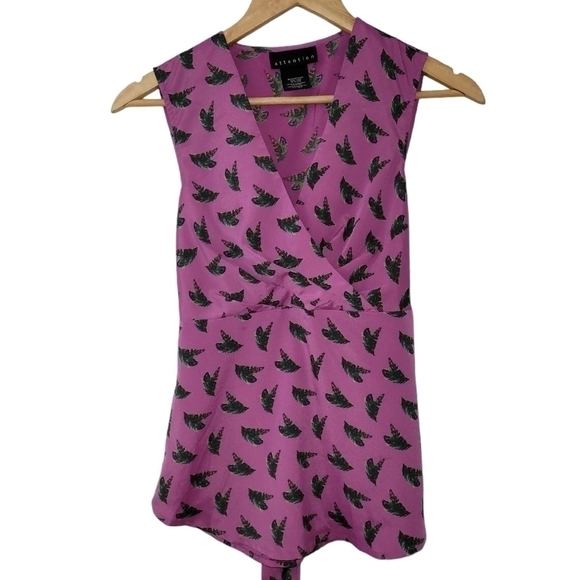 BEAUTIFUL Soft Crossover Wrap Pink Peacock Feather Tie Back Tank Blouse XS - Picture 8 of 10